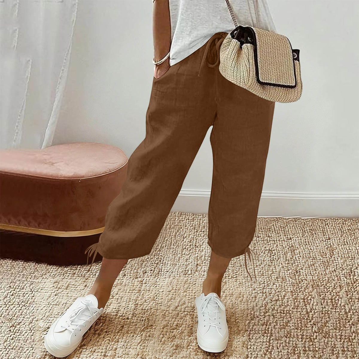 Cotton Drawstring Tie Hem Straight Capri Pants - Camel