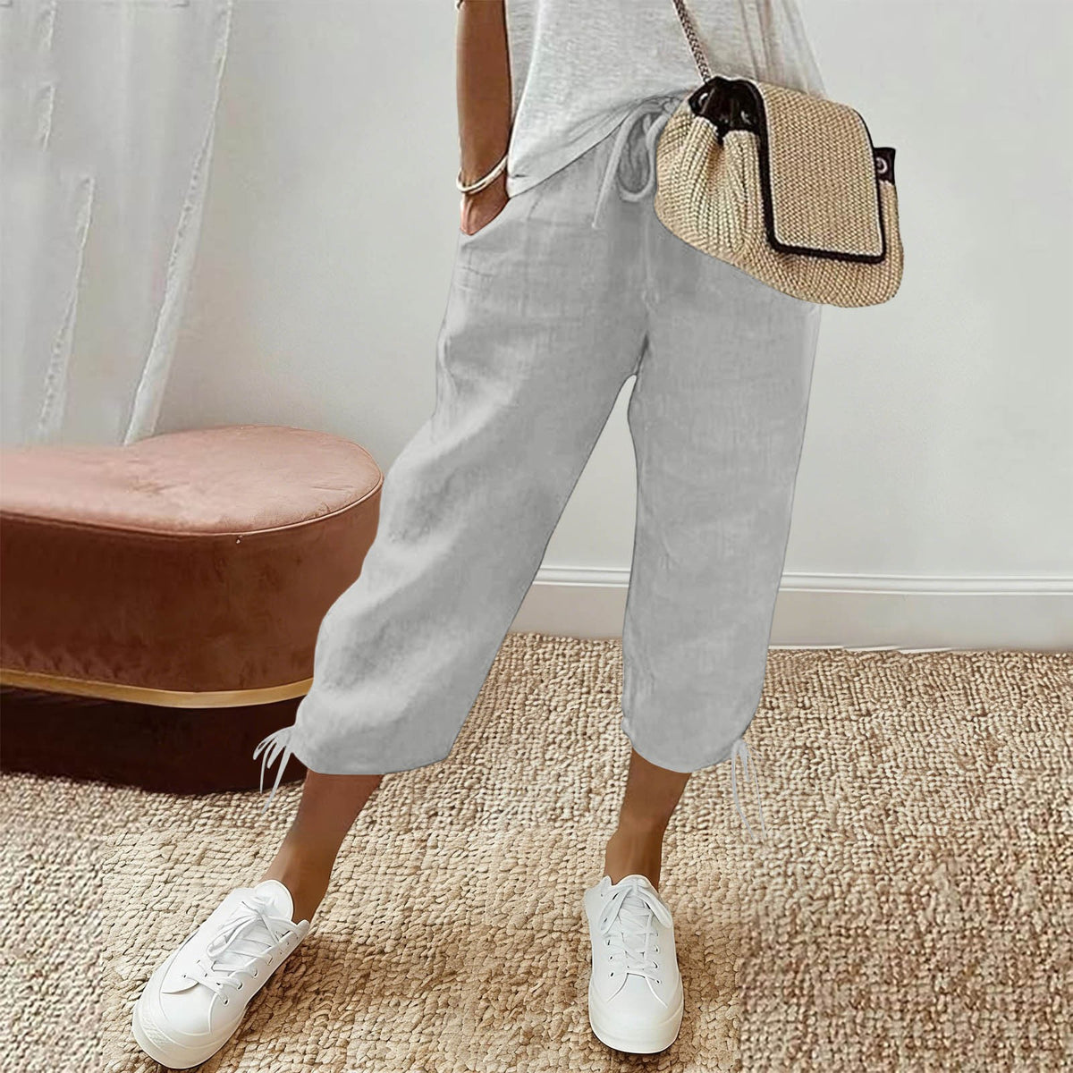 Cotton Drawstring Tie Hem Straight Capri Pants - Light Gray