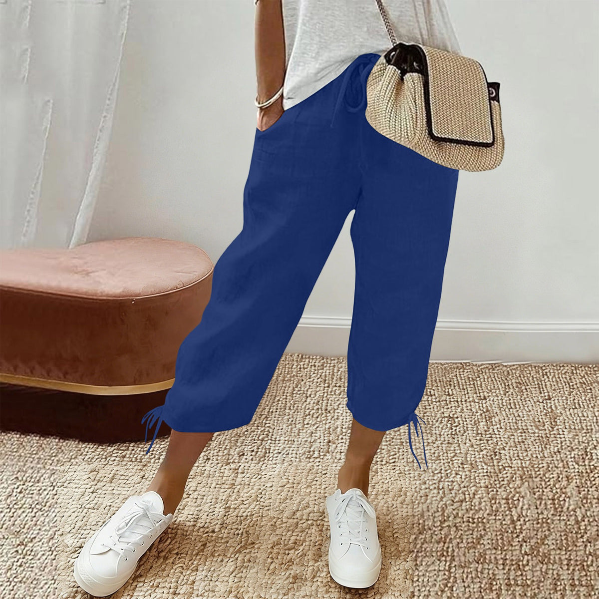 Cotton Drawstring Tie Hem Straight Capri Pants - Royal Blue