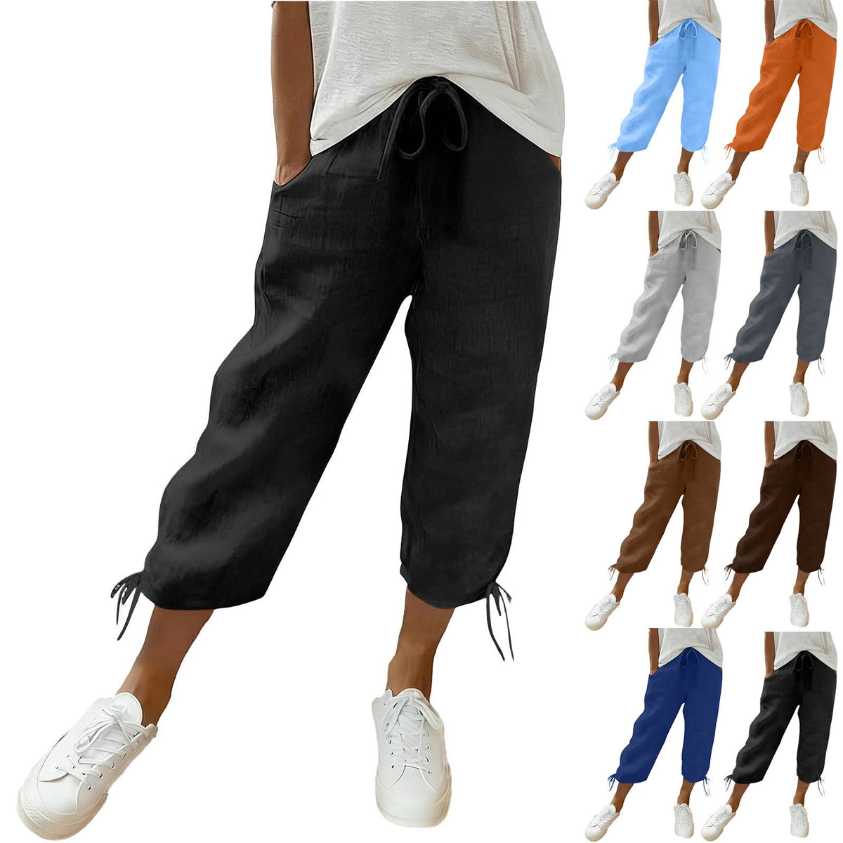Cotton Drawstring Tie Hem Straight Capri Pants