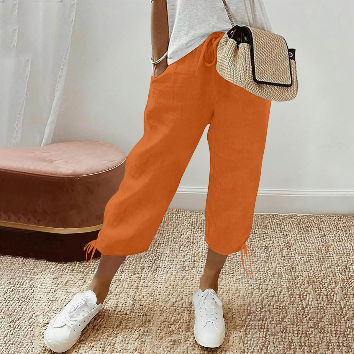Cotton Drawstring Tie Hem Straight Capri Pants