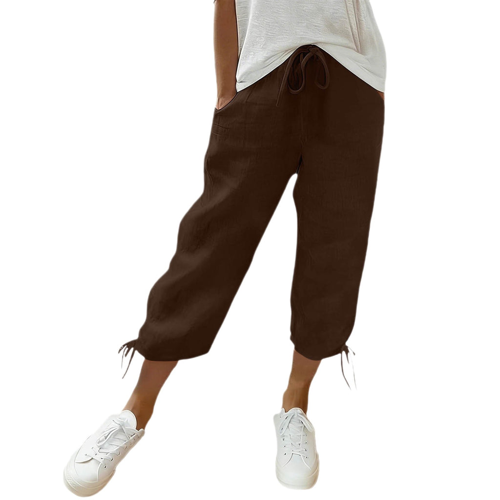 Cotton Drawstring Tie Hem Straight Capri Pants