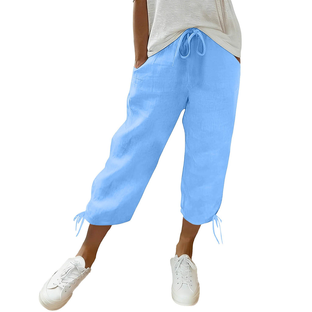 Cotton Drawstring Tie Hem Straight Capri Pants