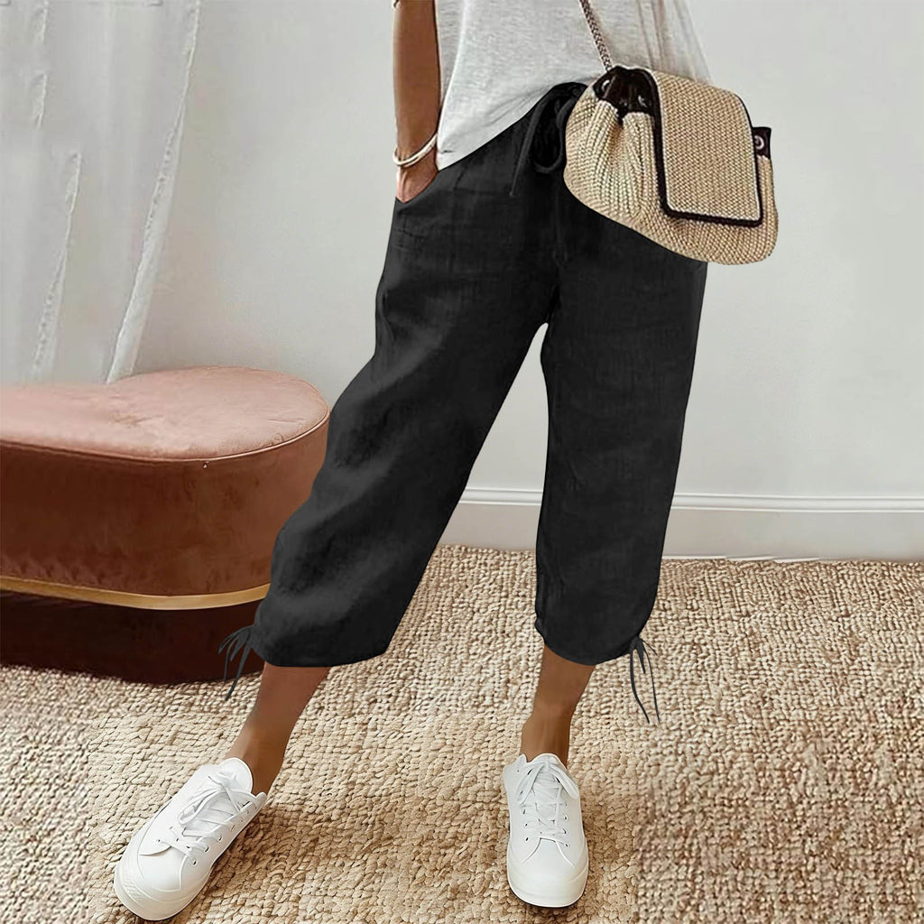 Cotton Drawstring Tie Hem Straight Capri Pants