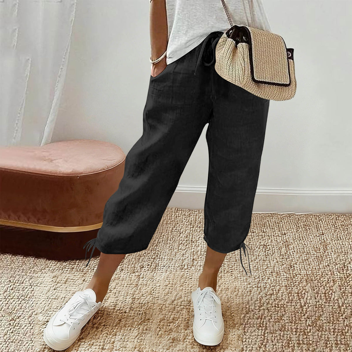 Cotton Drawstring Tie Hem Straight Capri Pants