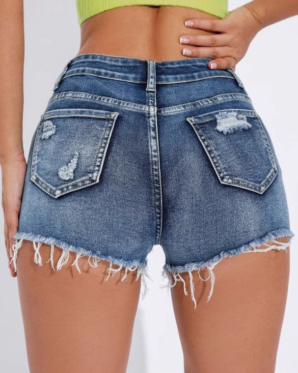 Mid Rise Distressed Cutoff Denim Shorts - Blue - 2