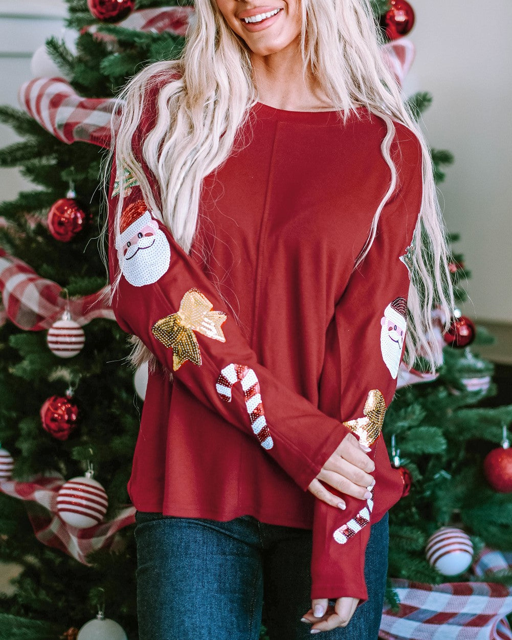 Sequin Festive Patch Sleeve Blouse - Red - 1