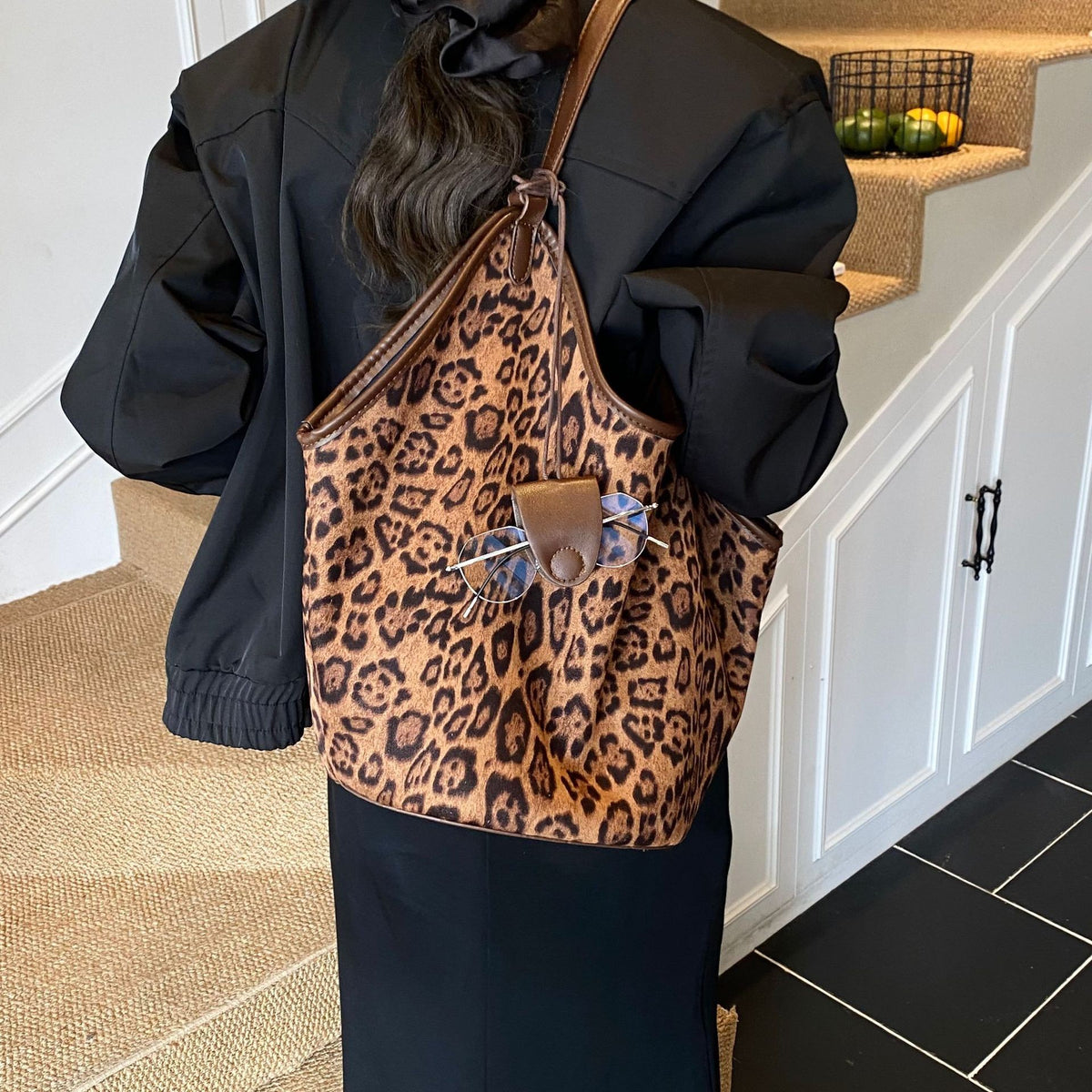 Slouchy Leopard Faux Suede Hobo with Pouch