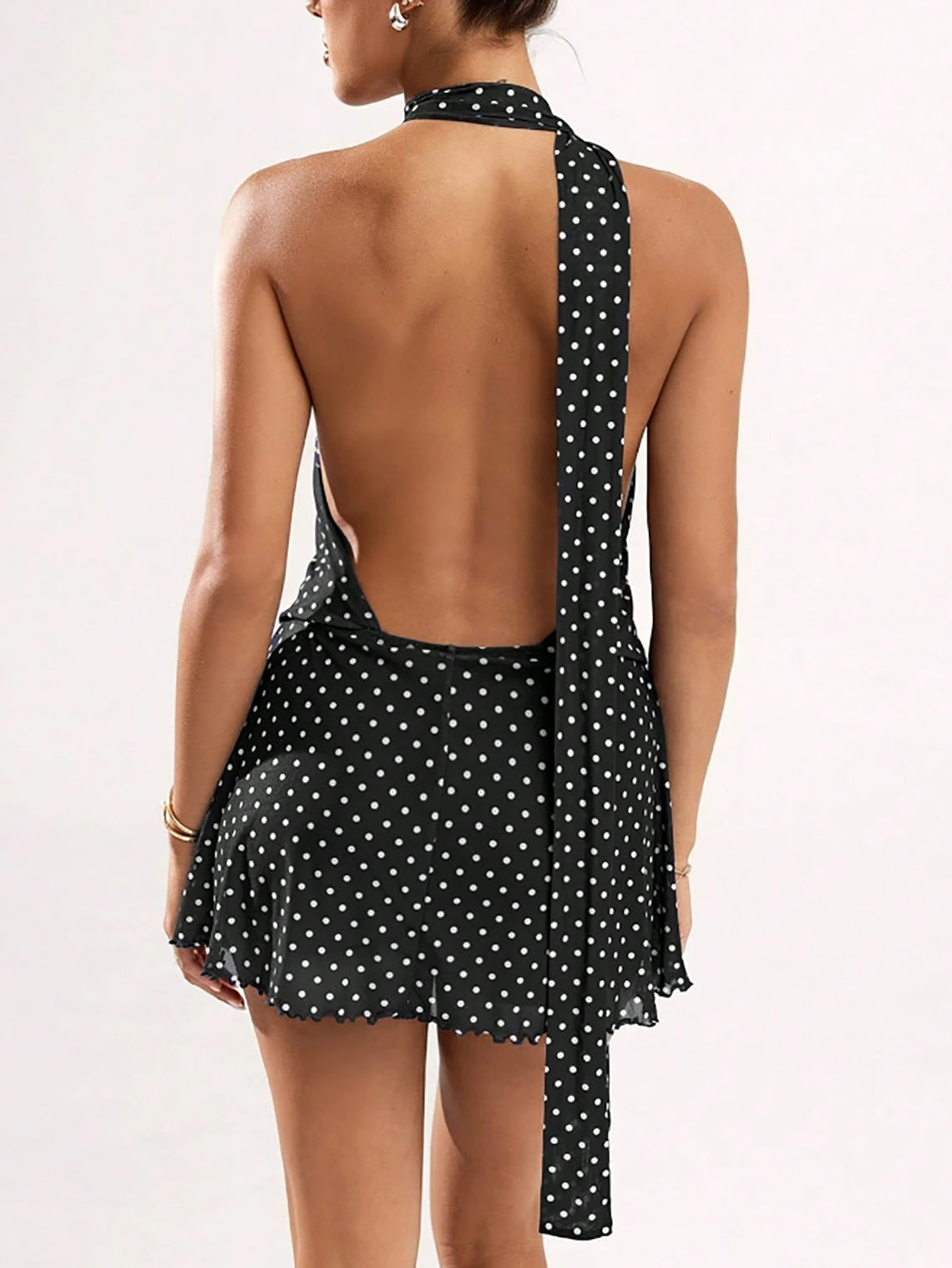Tie Neck Backless Chiffon Mini Dress - Black - 1