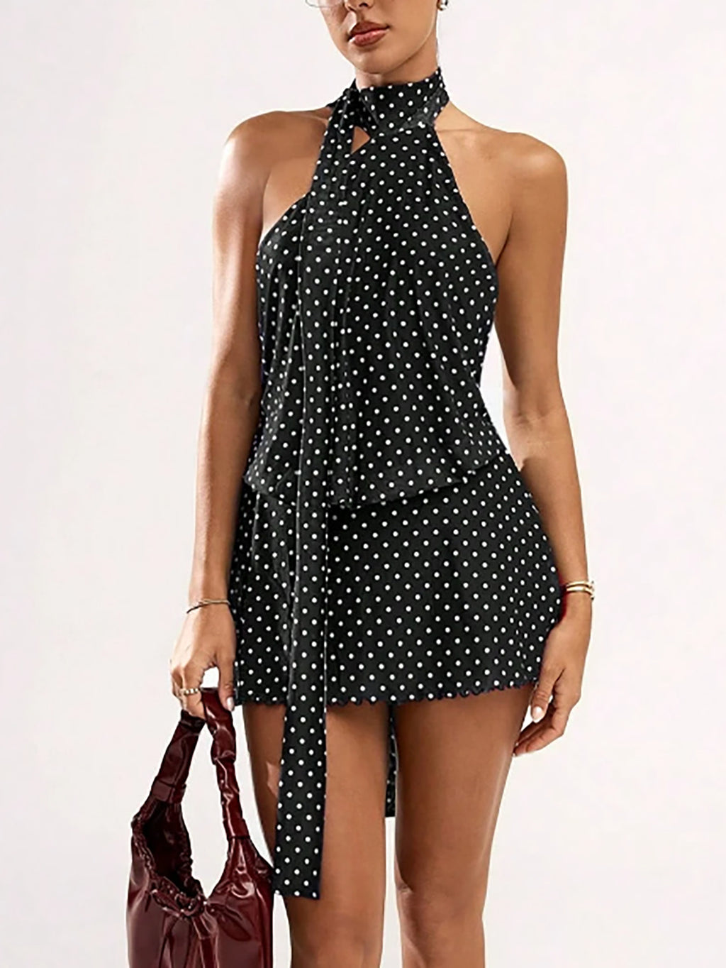 Tie Neck Backless Chiffon Mini Dress - Black - 2