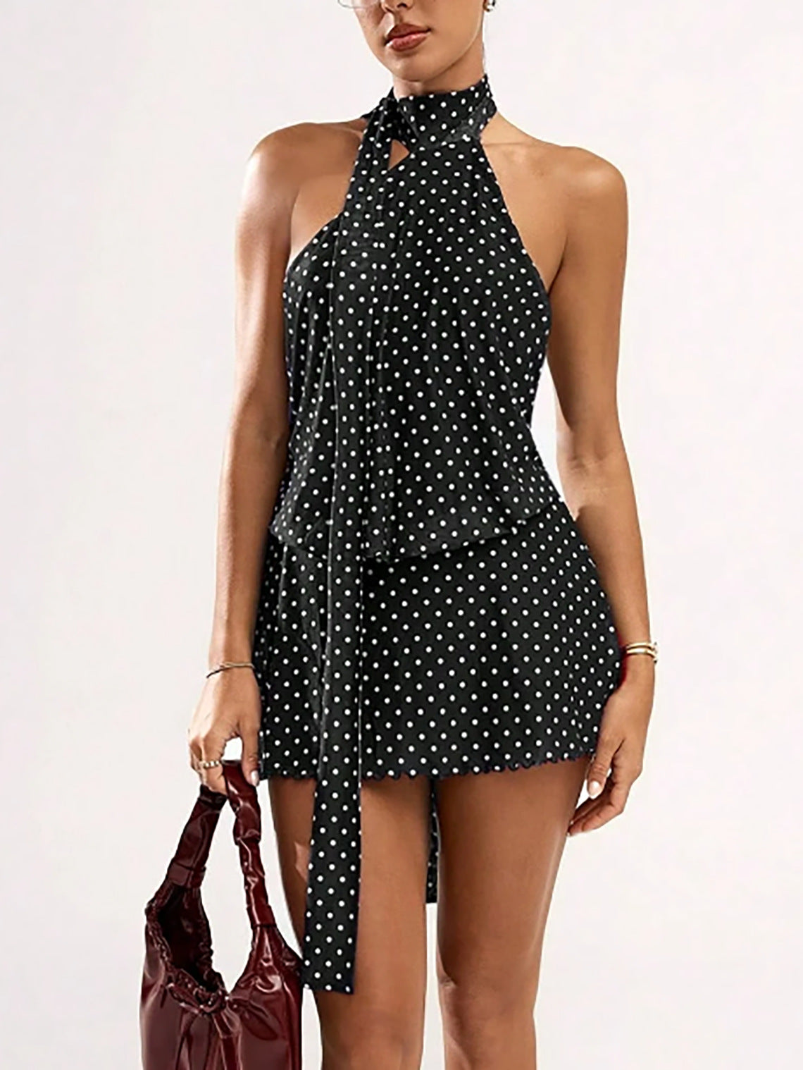 Tie Neck Backless Chiffon Mini Dress - Black - 2