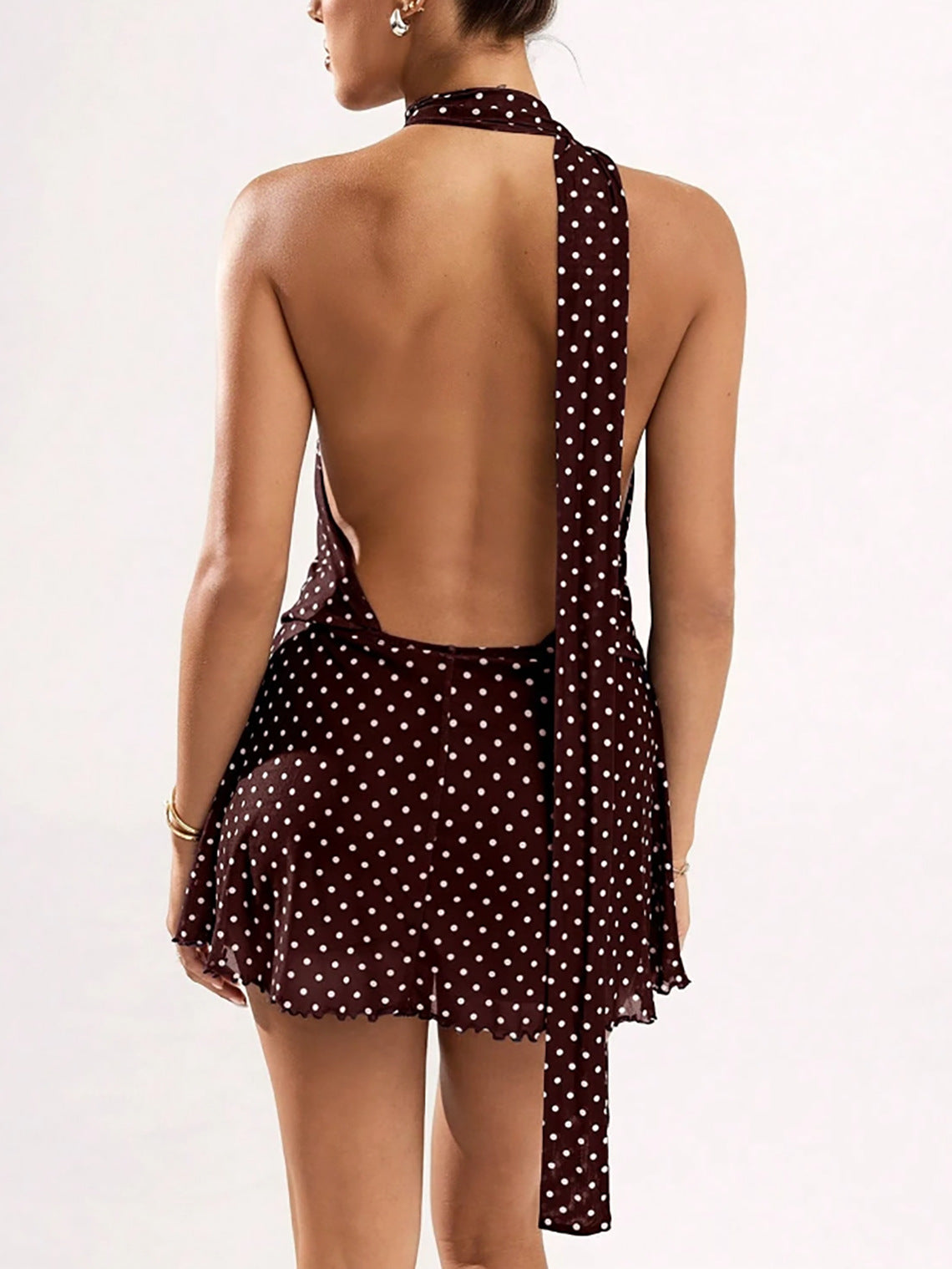 Tie Neck Backless Chiffon Mini Dress - Coffee - 3