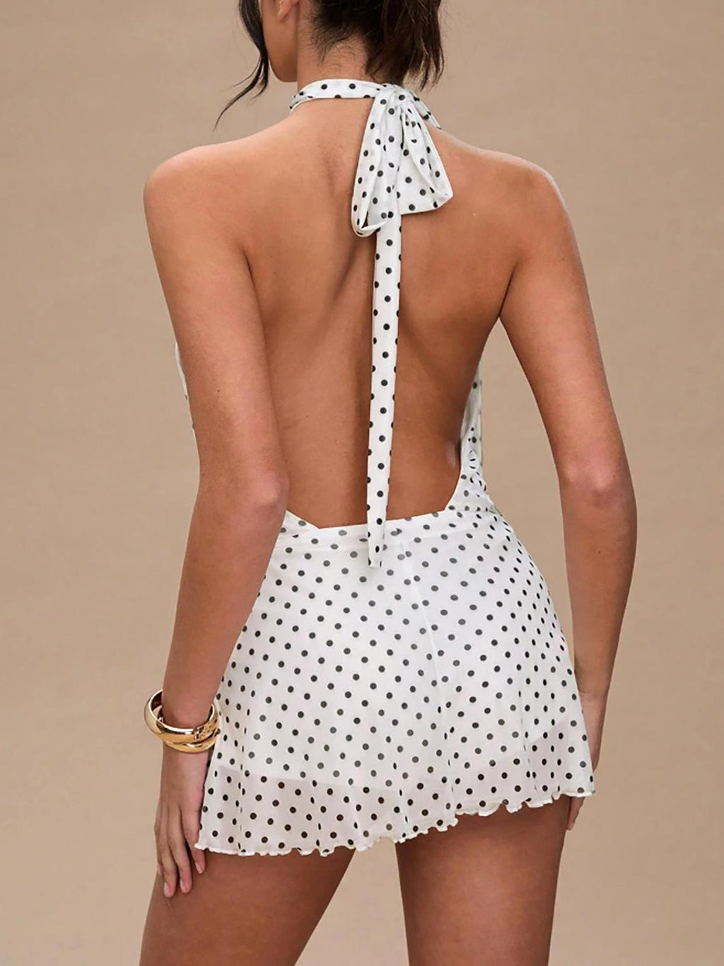 Tie Neck Backless Chiffon Mini Dress - White - 4