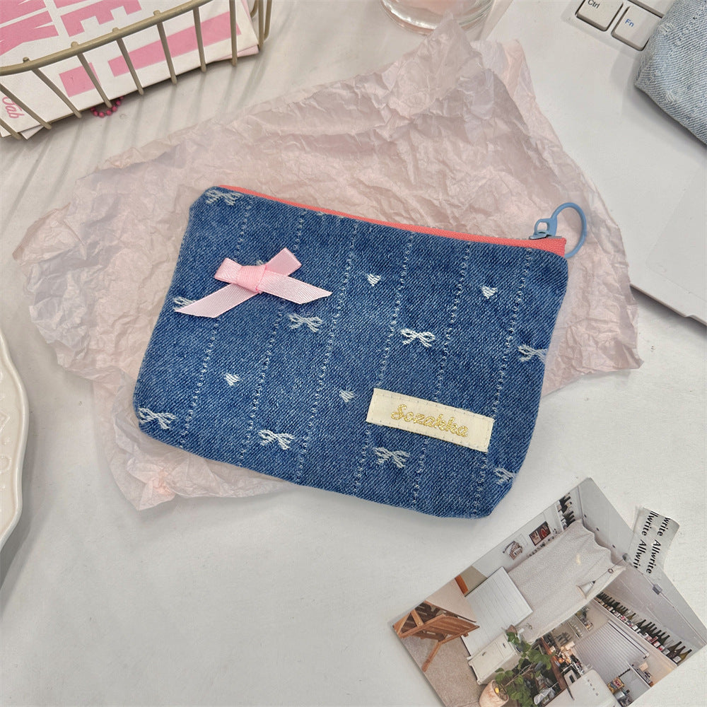 Denim Bow Charm Zip Coin Purse - Blue_2