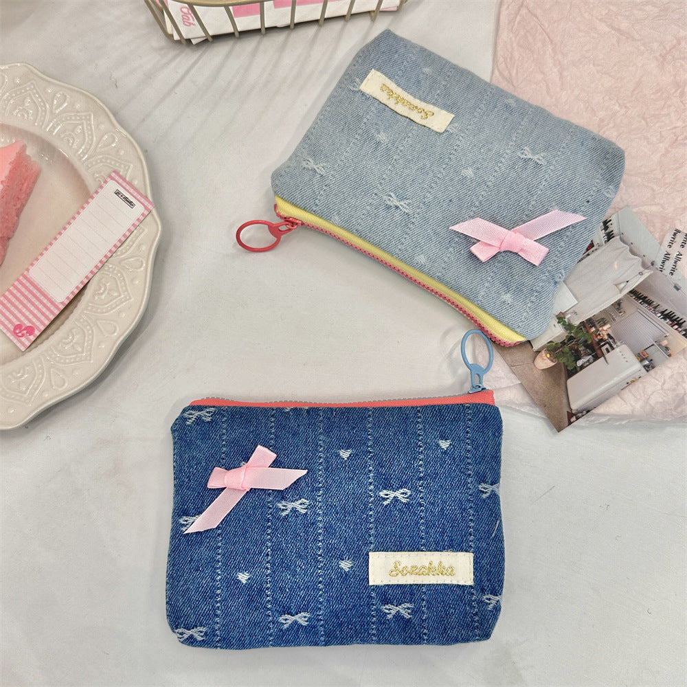 Denim Bow Charm Zip Coin Purse