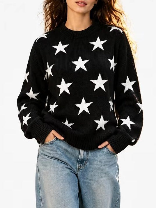 Retro Star Intarsia Drop Shoulder Pullover - Black