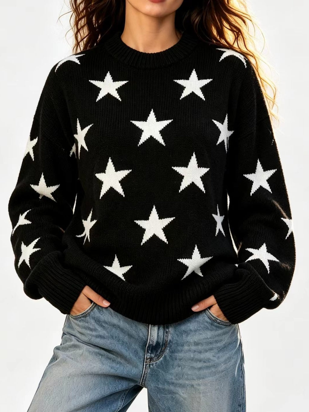 Retro Star Intarsia Drop Shoulder Pullover - Black - 1