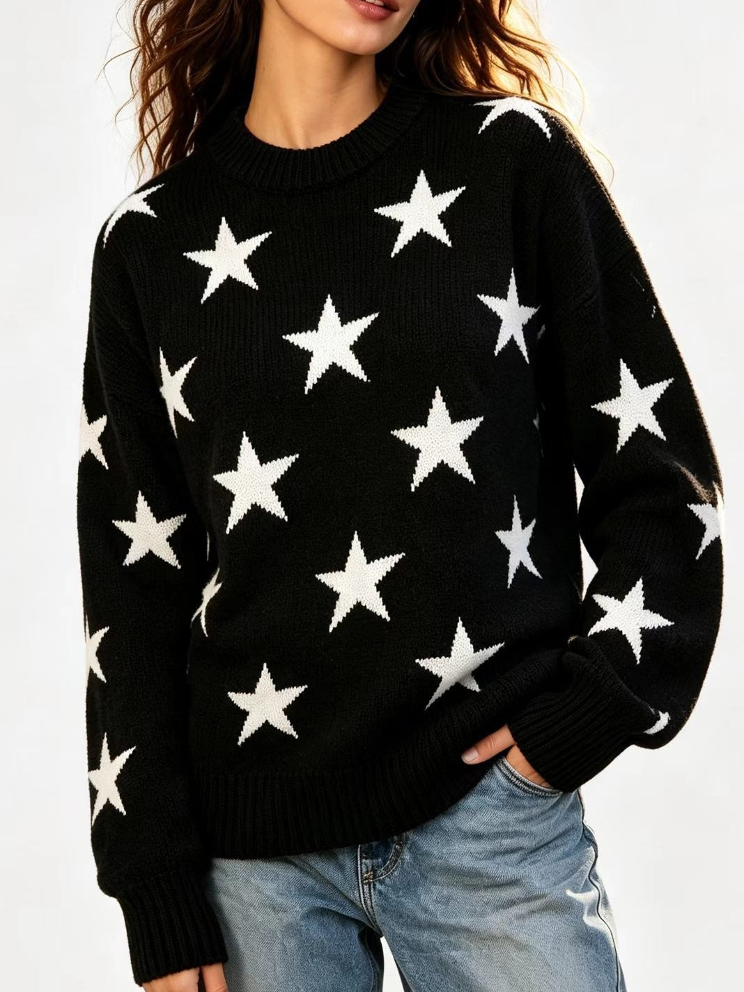 Retro Star Intarsia Drop Shoulder Pullover - Black - 2