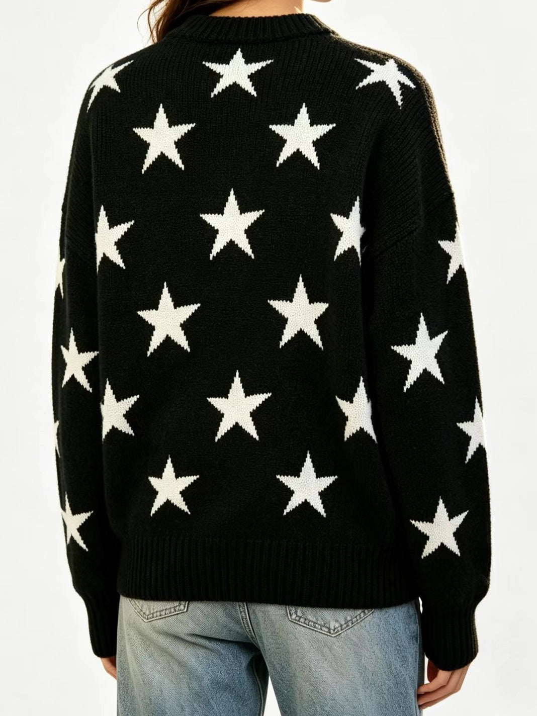 Retro Star Intarsia Drop Shoulder Pullover - Black - 3
