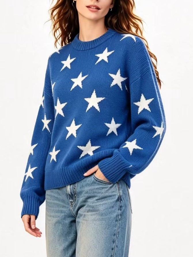 Retro Star Intarsia Drop Shoulder Pullover - Blue