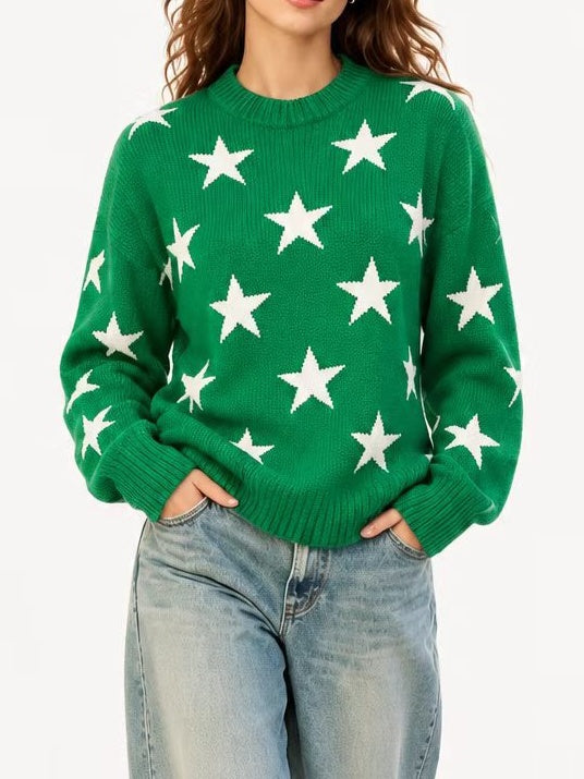 Retro Star Intarsia Drop Shoulder Pullover - Green