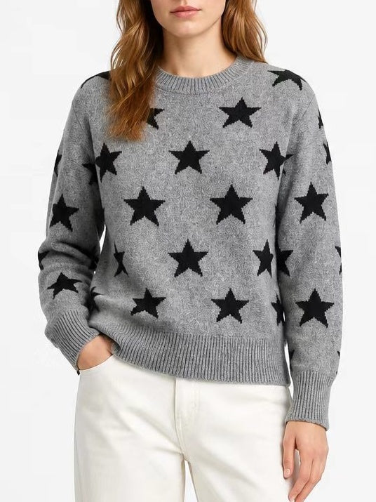 Retro Star Intarsia Drop Shoulder Pullover - Grey