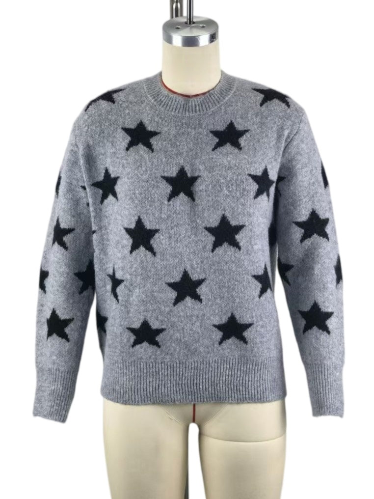 Retro Star Intarsia Drop Shoulder Pullover - Grey - 1