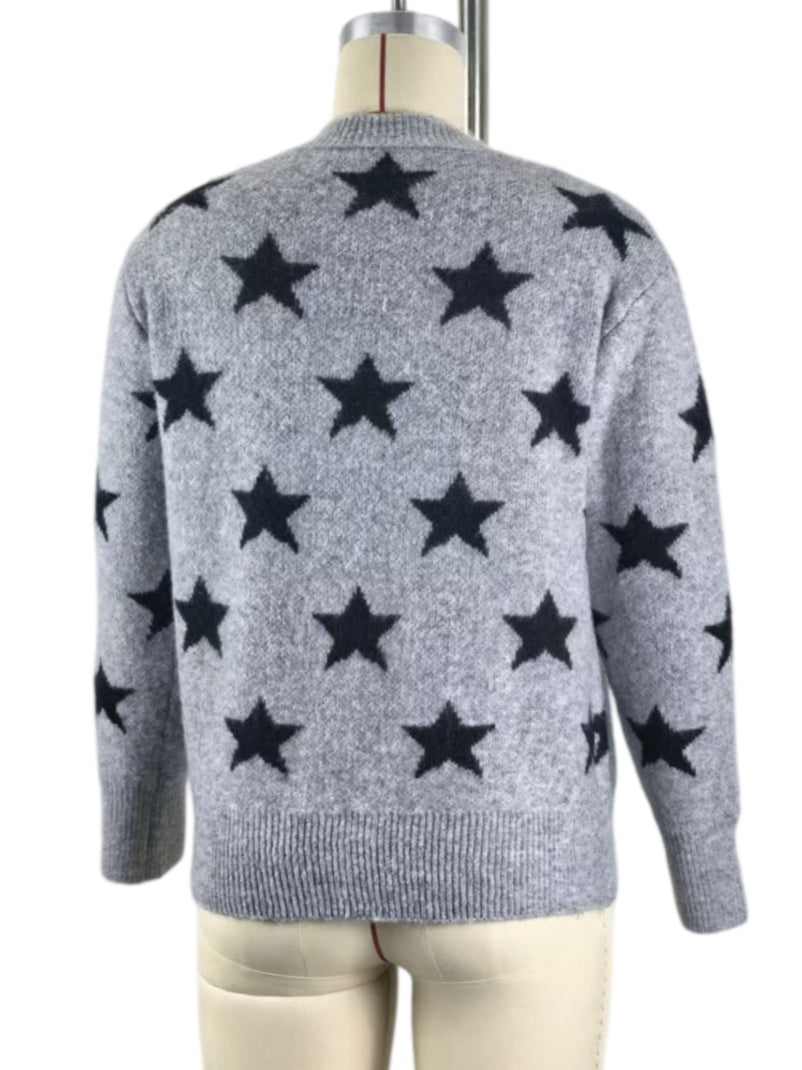 Retro Star Intarsia Drop Shoulder Pullover - Grey - 2