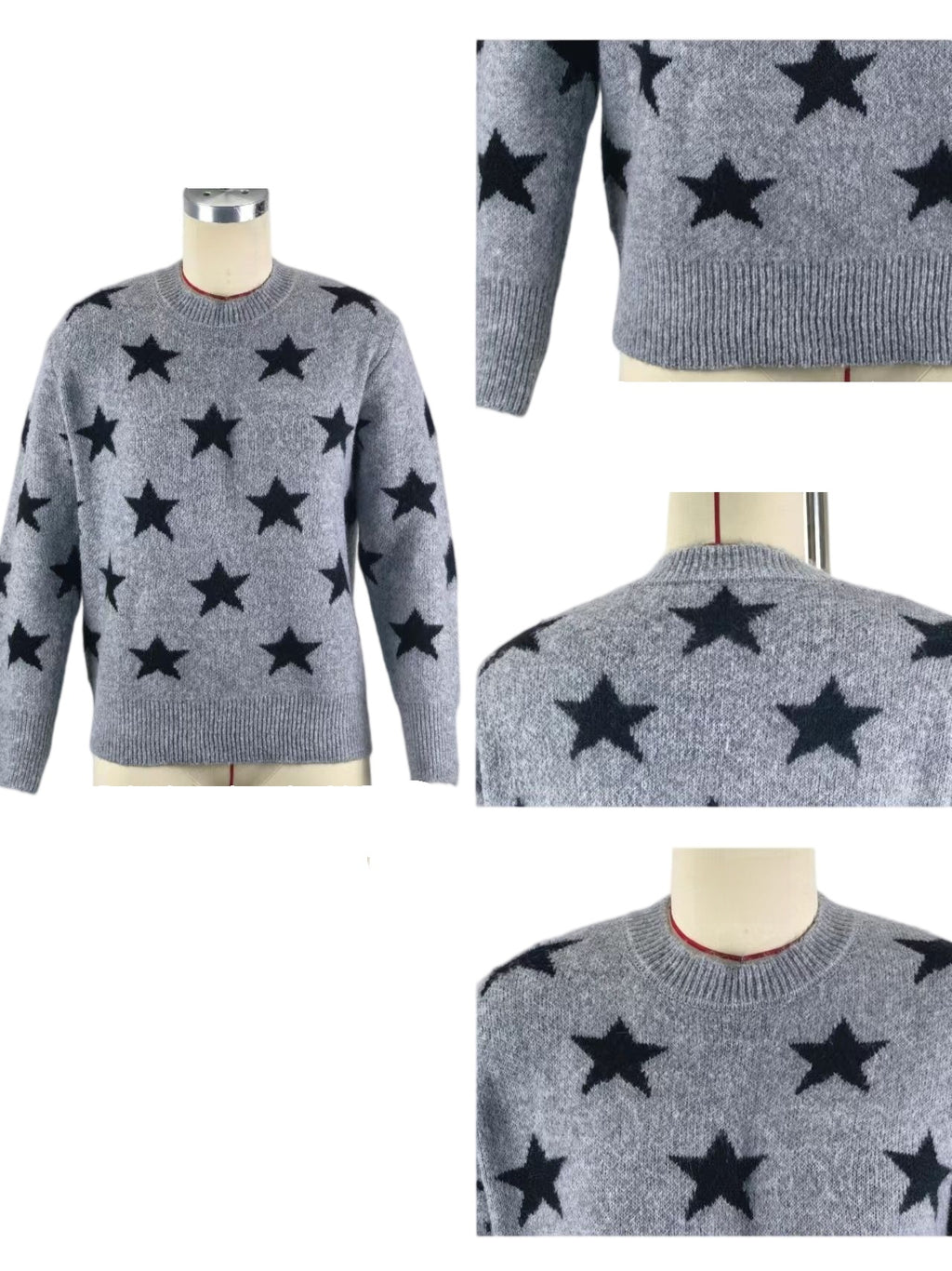Retro Star Intarsia Drop Shoulder Pullover - Grey - 3