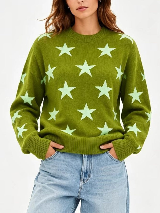Retro Star Intarsia Drop Shoulder Pullover - Olive