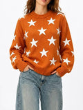 Retro Star Intarsia Drop Shoulder Pullover - Orange