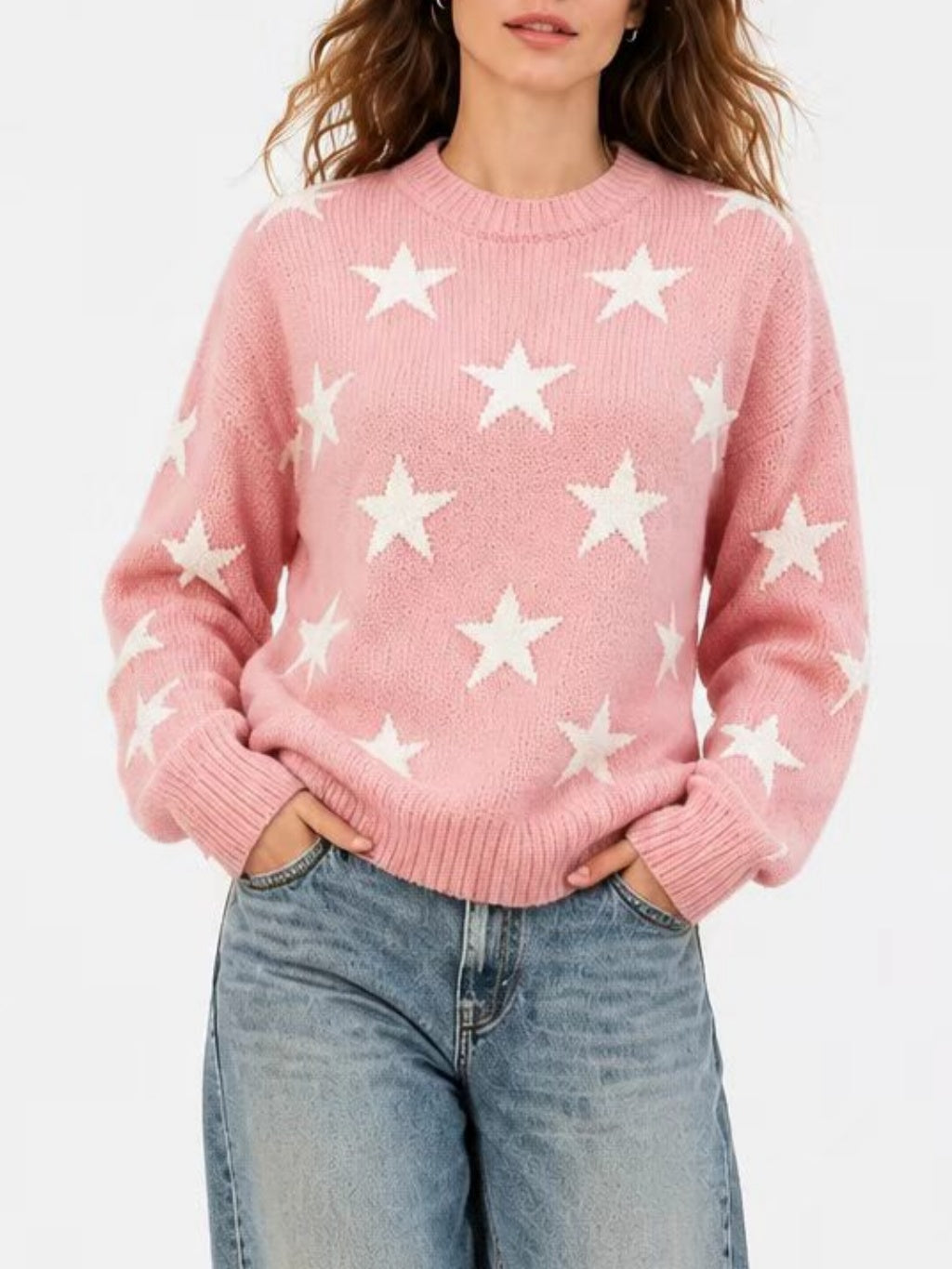 Retro Star Intarsia Drop Shoulder Pullover - Pink