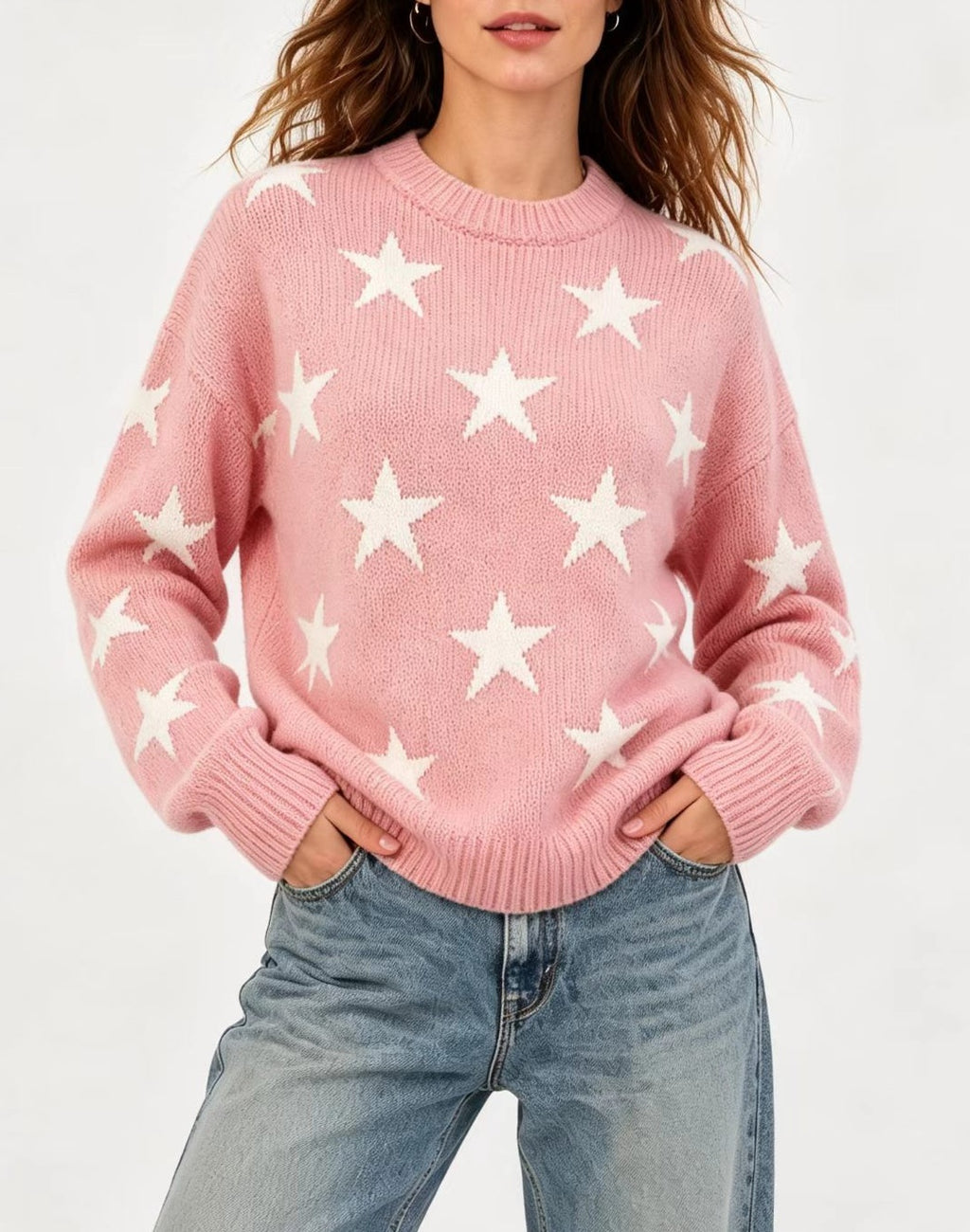 Retro Star Intarsia Drop Shoulder Pullover - Pink - 1