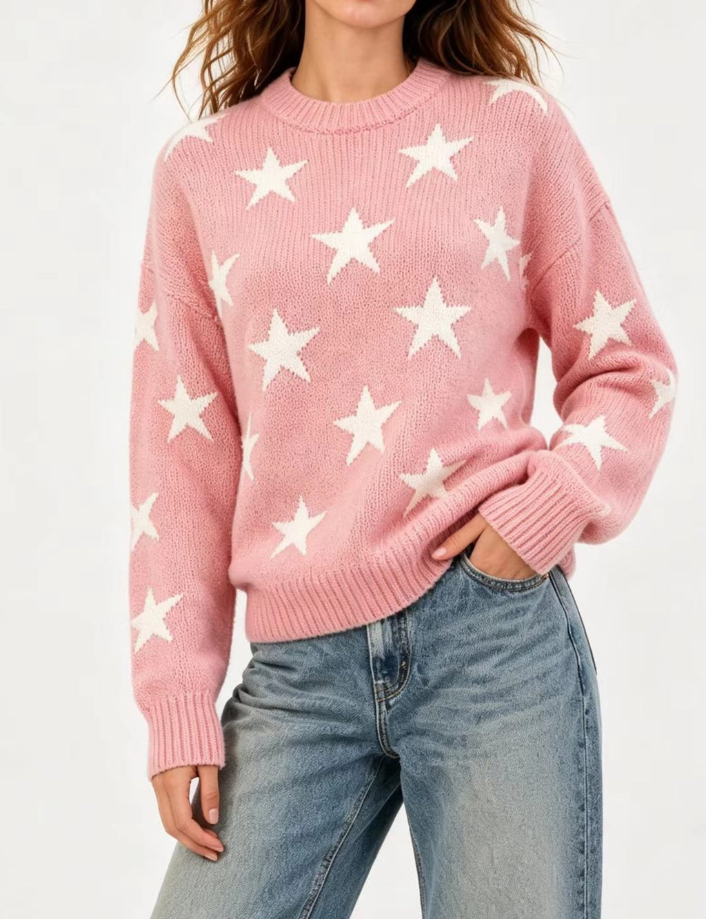 Retro Star Intarsia Drop Shoulder Pullover - Pink - 2