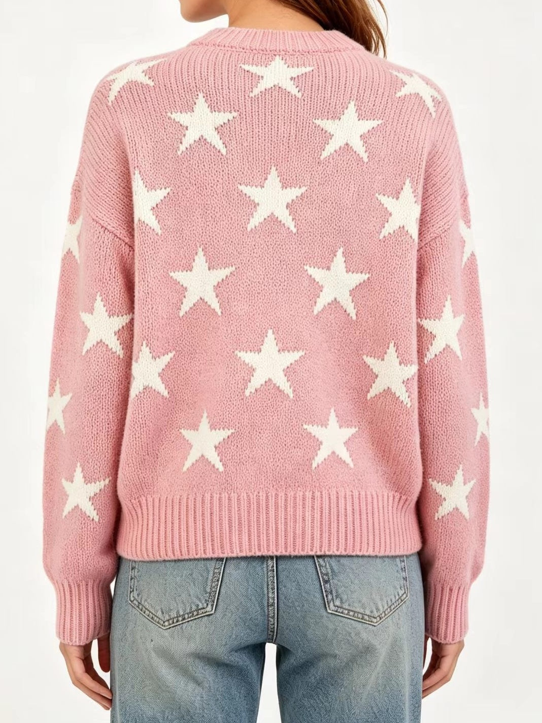 Retro Star Intarsia Drop Shoulder Pullover - Pink - 3
