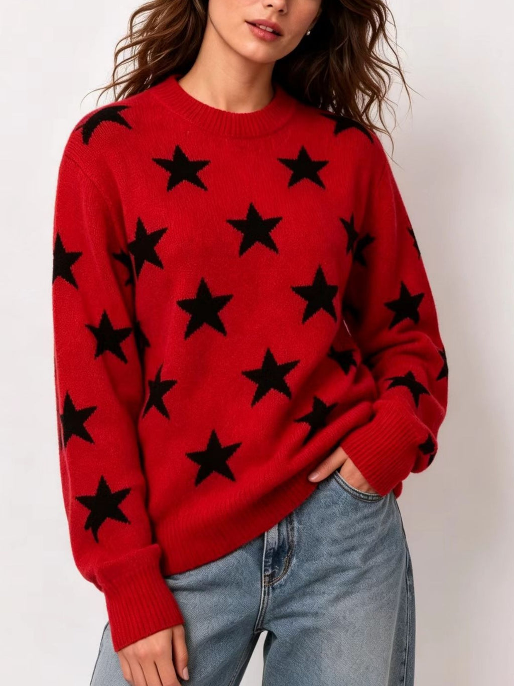 Retro Star Intarsia Drop Shoulder Pullover - Red_Black