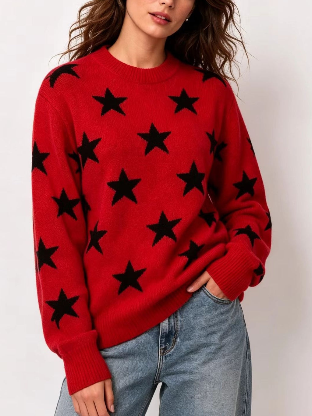 Retro Star Intarsia Drop Shoulder Pullover - Red_Black - 1