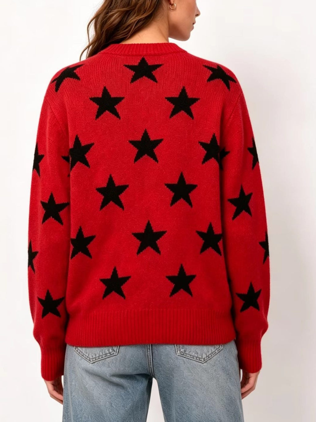Retro Star Intarsia Drop Shoulder Pullover - Red_Black - 2