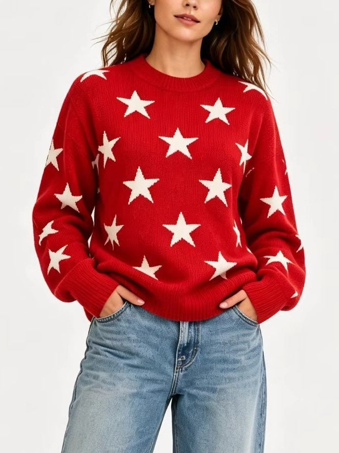Retro Star Intarsia Drop Shoulder Pullover - Red_White