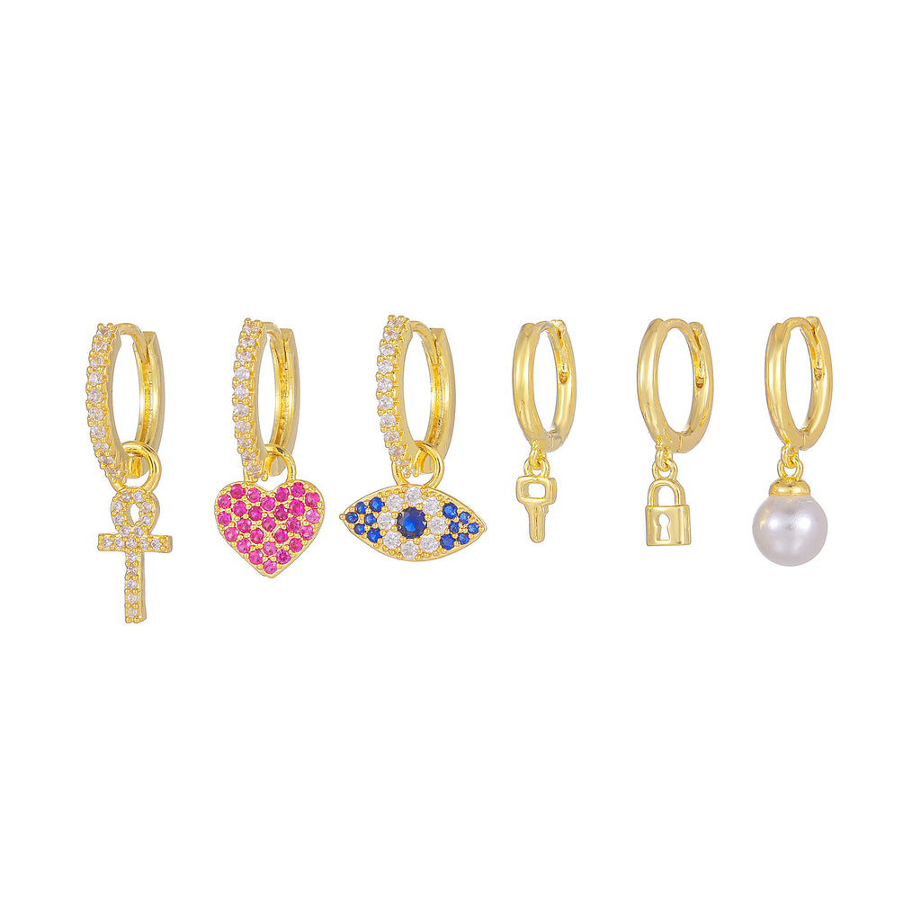 Evil Eye Heart Charm Huggie Earring Set - Gold