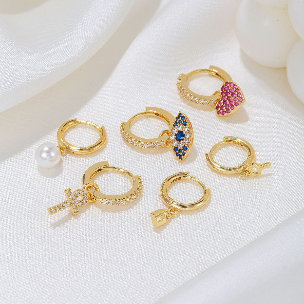 Evil Eye Heart Charm Huggie Earring Set - Gold - 1