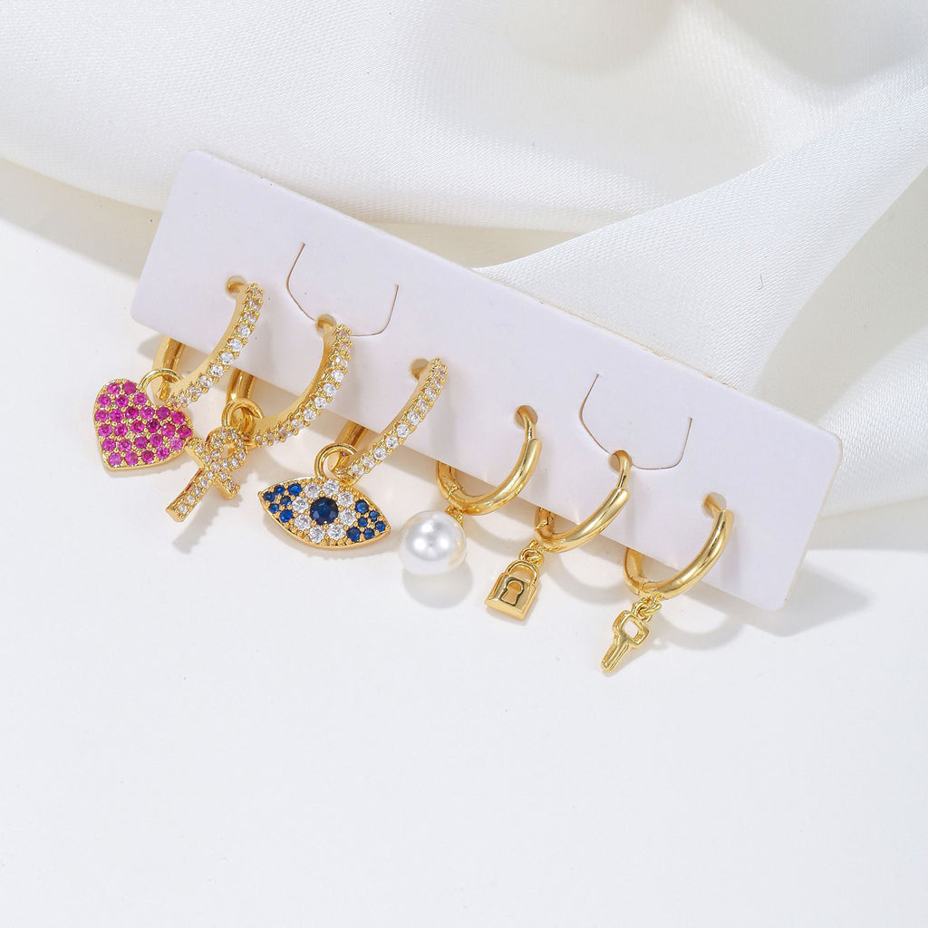 Evil Eye Heart Charm Huggie Earring Set - Gold - 2