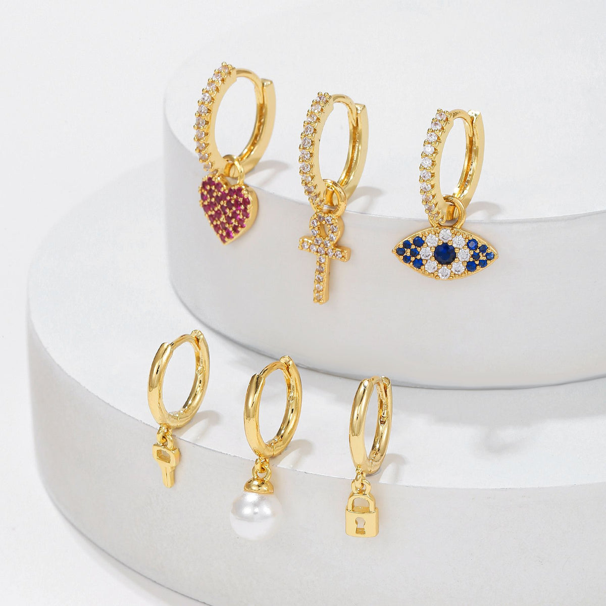 Evil Eye Heart Charm Huggie Earring Set - Gold - 3