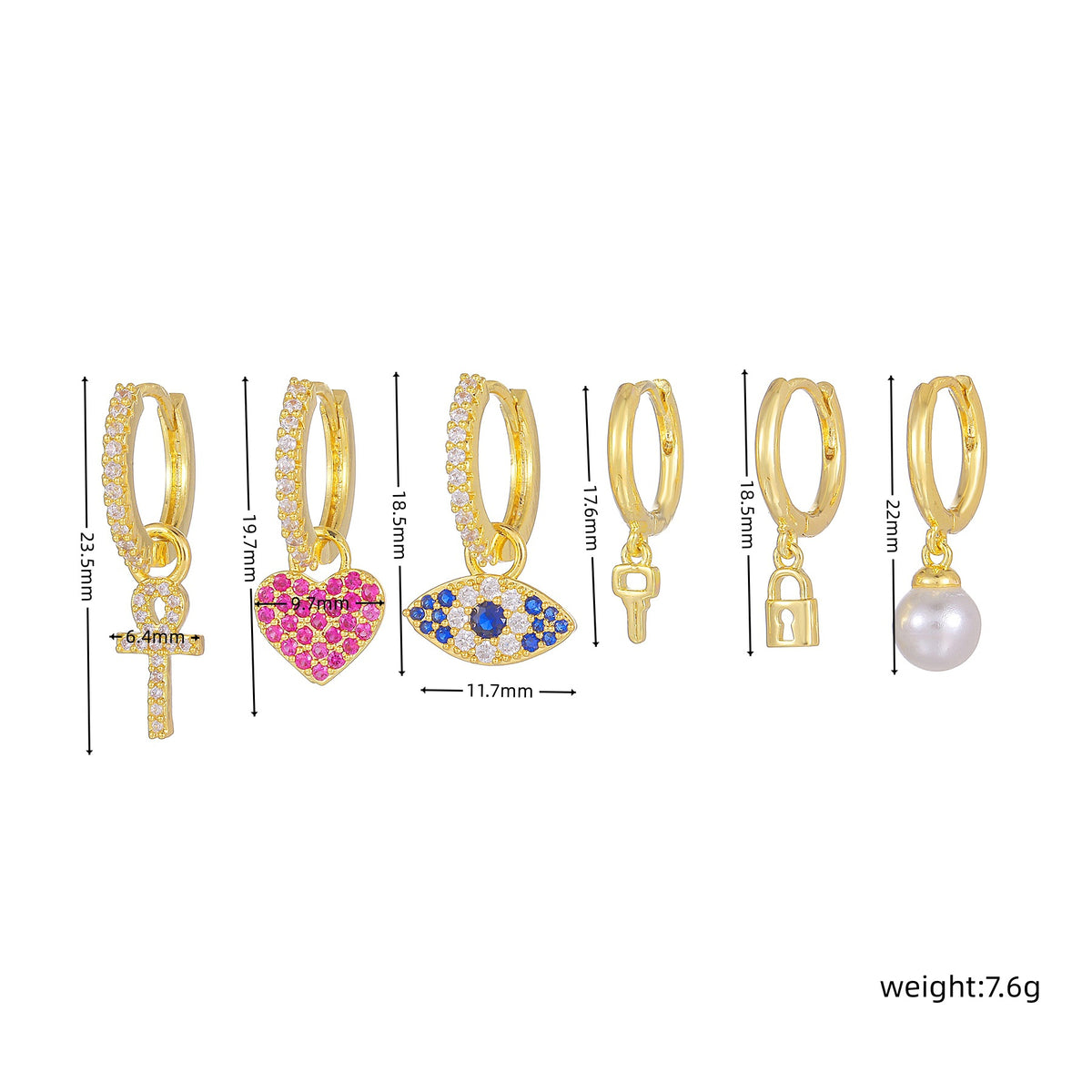 Evil Eye Heart Charm Huggie Earring Set - Gold - 4