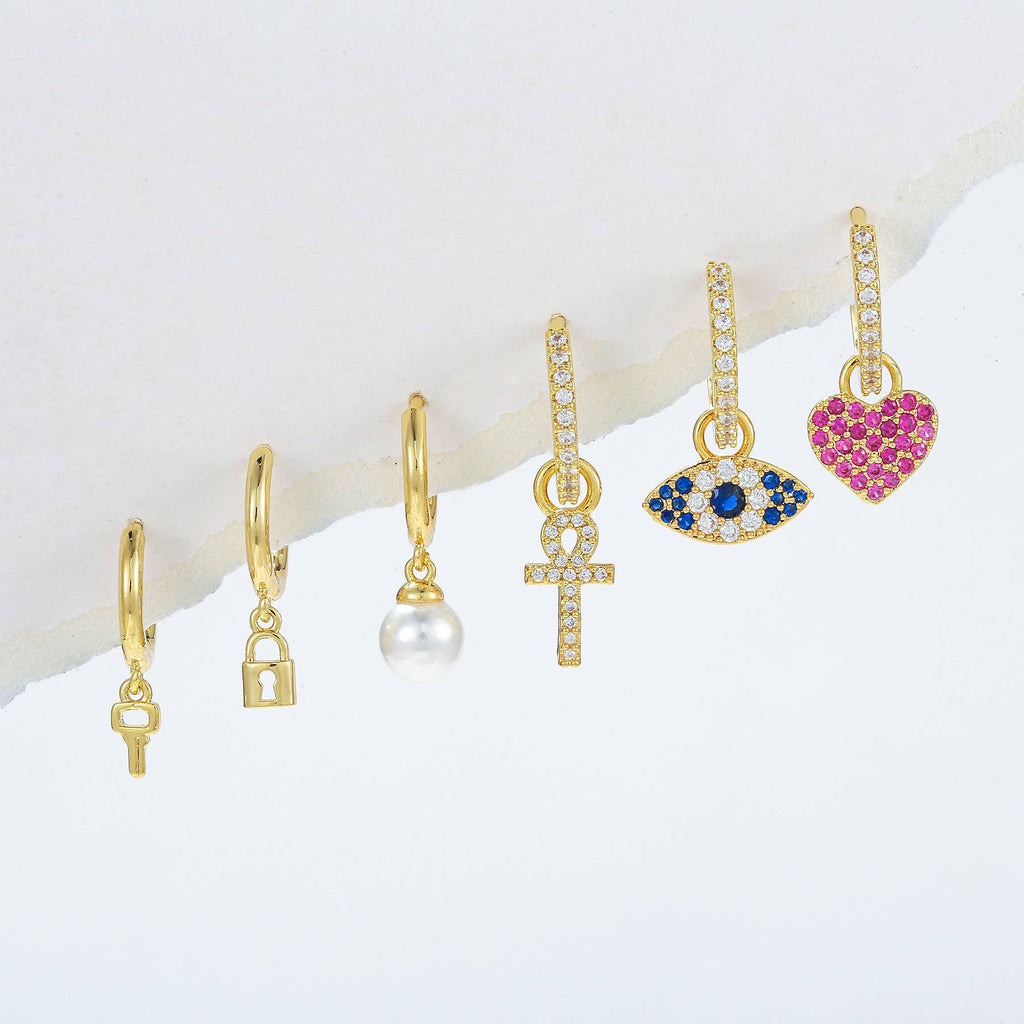 Evil Eye Heart Charm Huggie Earring Set