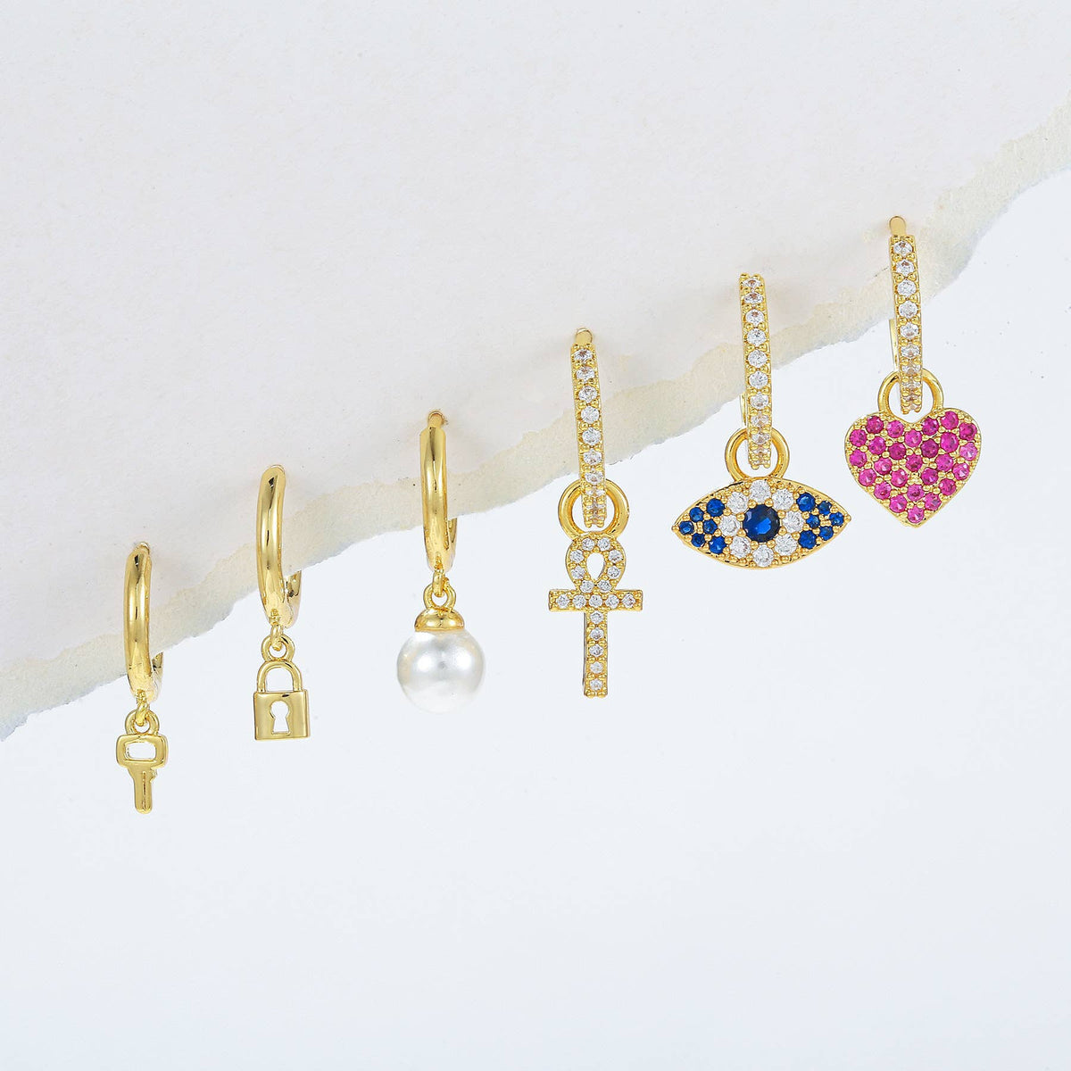 Evil Eye Heart Charm Huggie Earring Set