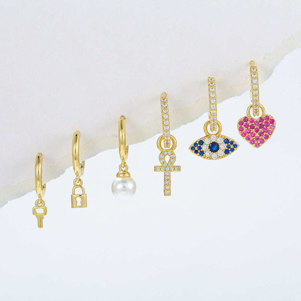 Evil Eye Heart Charm Huggie Earring Set - view 1