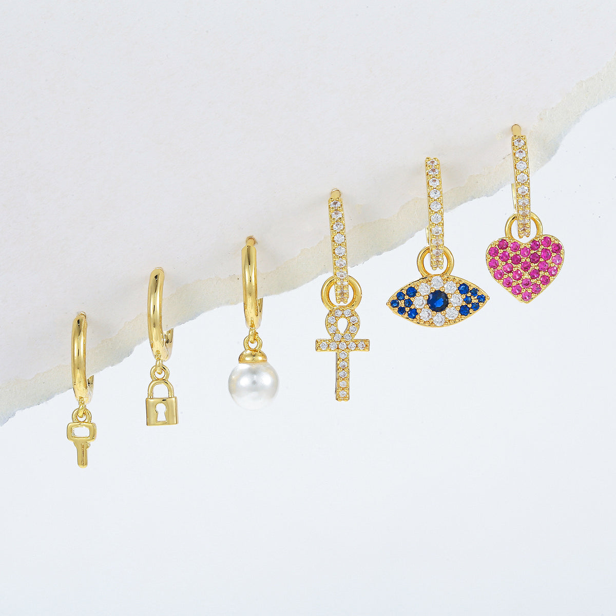 Evil Eye Heart Charm Huggie Earring Set - view 1