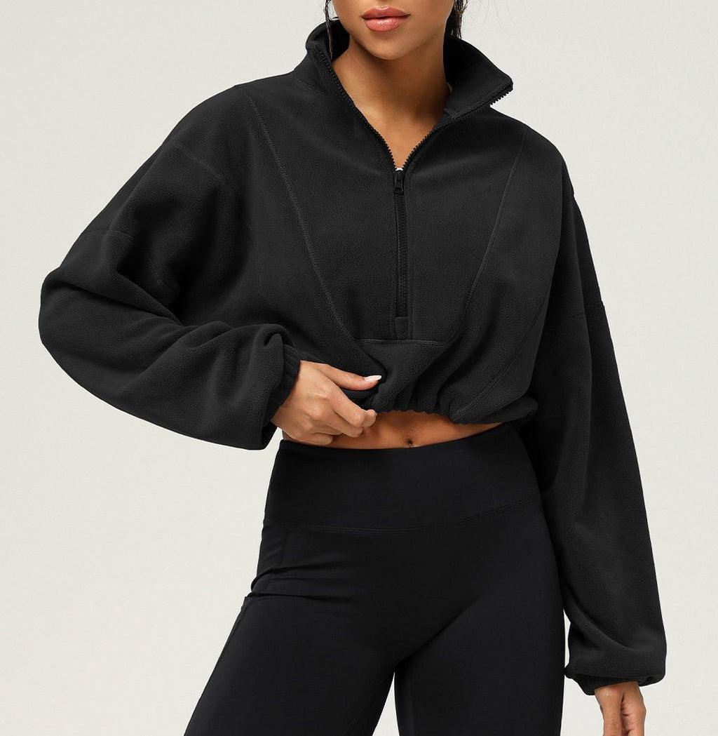 Stand Collar Cropped Fleece Pullover - Black - 1