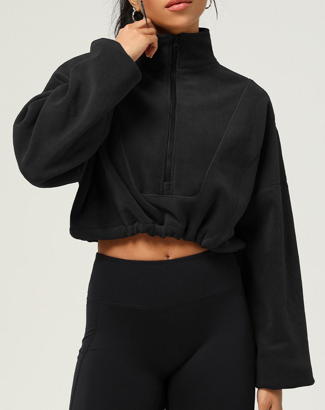 Stand Collar Cropped Fleece Pullover - Black - 2